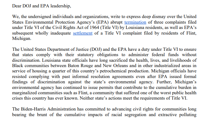 An open letter to DOJ and EPA on environmental justice and civil rights
