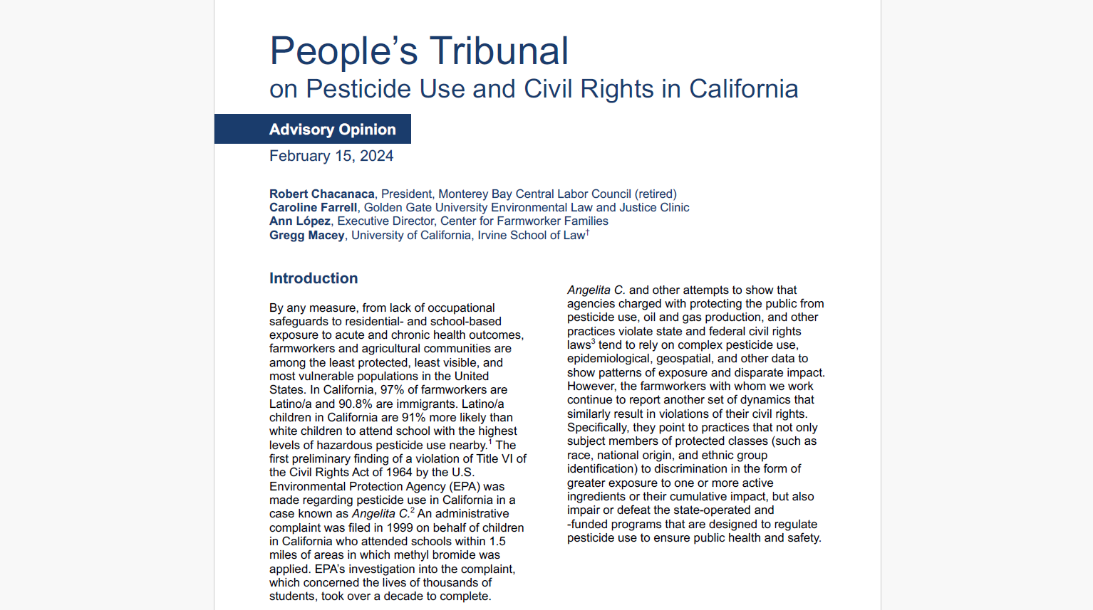 CLEANR research and advisory opinion outline severe, pervasive, and ongoing civil rights violations by pesticide regulatory agencies in California